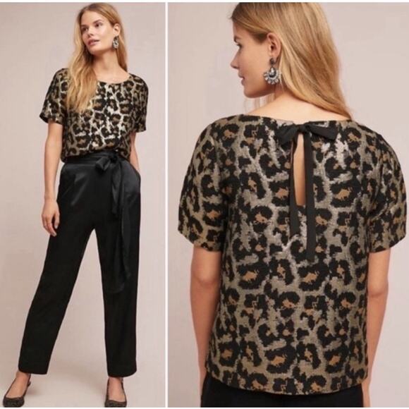 Anthropologie Tops - Anthropologie Hutch Leopard Jacquard Boxy Blouse Tie Back Black Large Keyhole